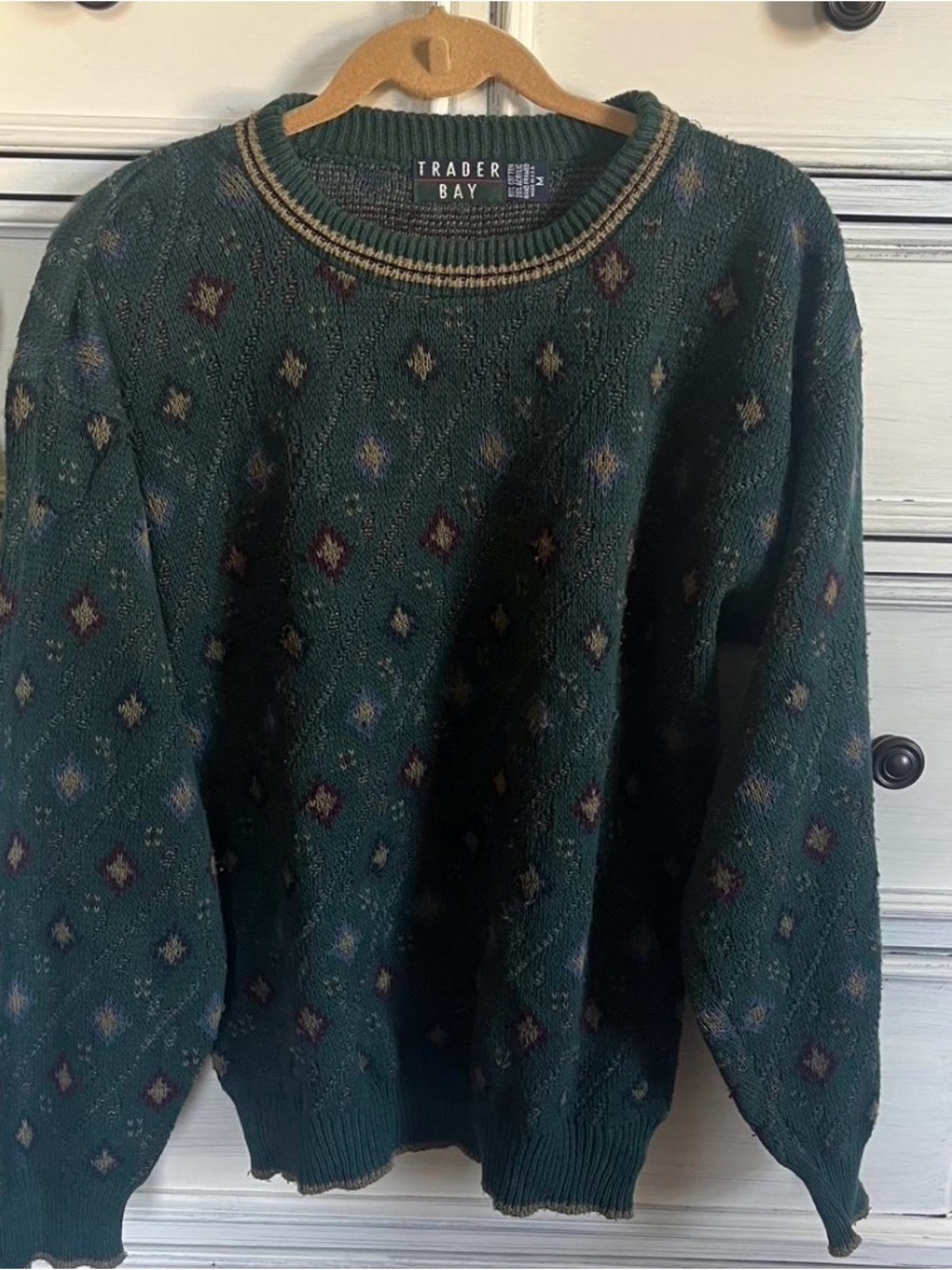 Trader Bay Green Patterned Crewneck Sweater with Maroon and Cream Accents